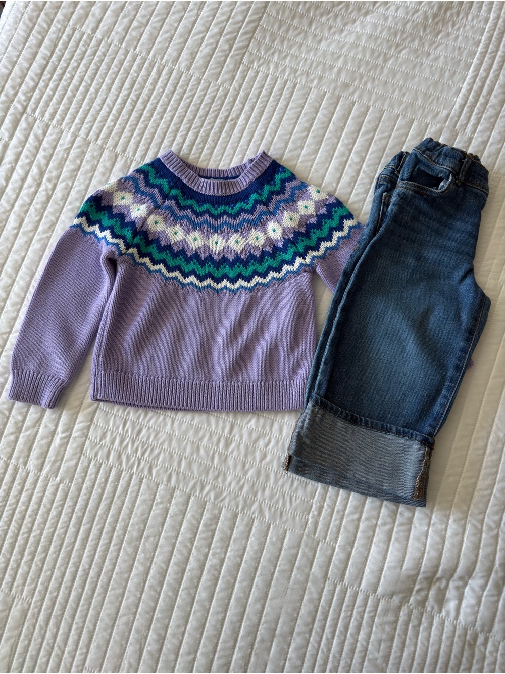 Primary Lavender Fair Isle Knit Sweater | Oshkosh Wide Leg Cuff Jeans đź’ś - Picture 4 of 13